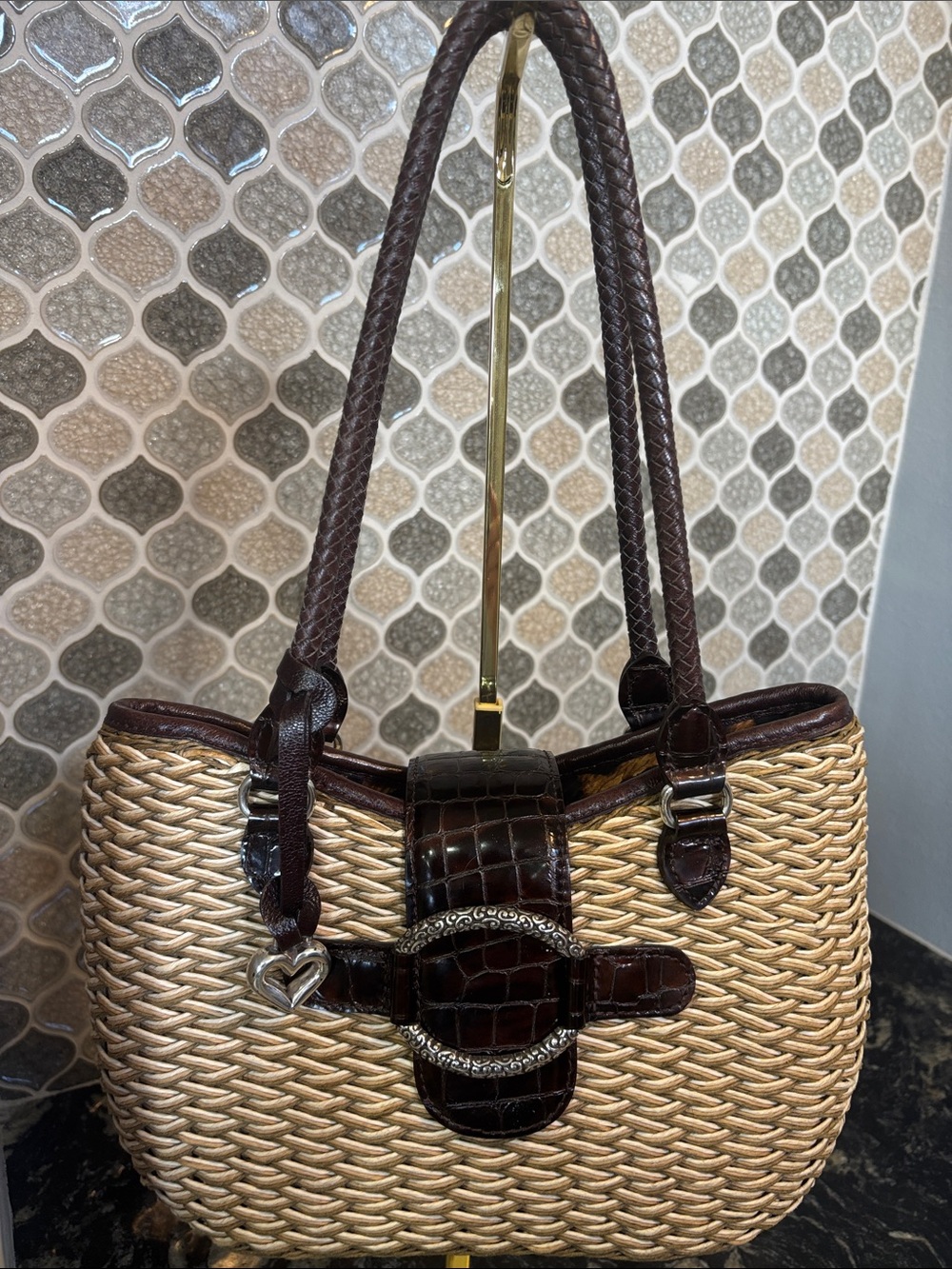 Brighton Woven Straw Shoulder Bag with Dark Brown Leather Trim